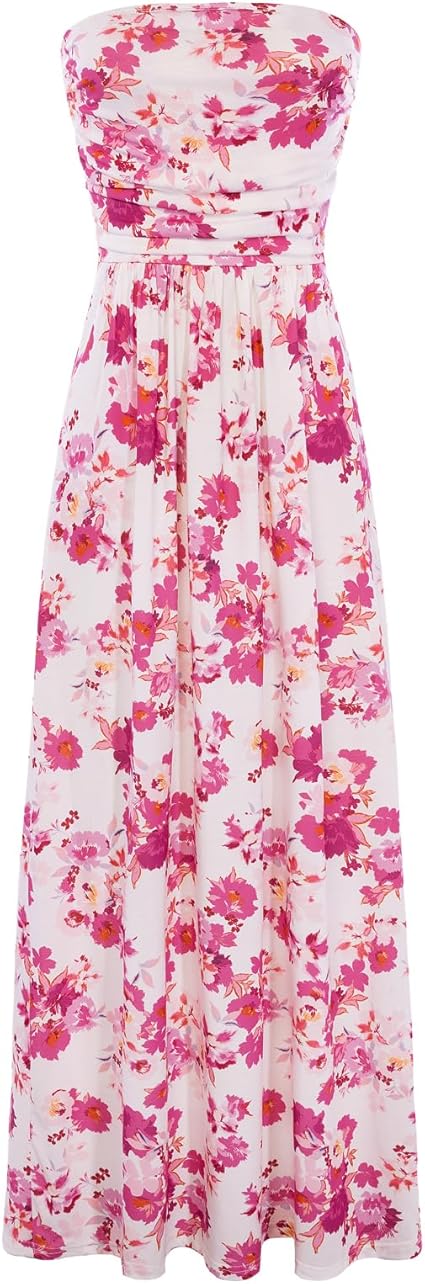 Women Strapless Dress Casual Loose Ruched Long Maxi Dress with Pockets - Flower Pink