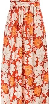 Women Strapless Dress Casual Loose Ruched Long Maxi Dress with Pockets - Apricot Flower