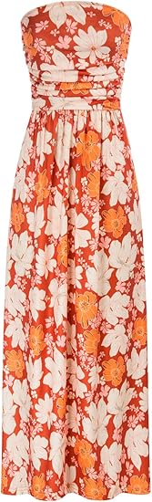 Women Strapless Dress Casual Loose Ruched Long Maxi Dress with Pockets - Apricot Flower