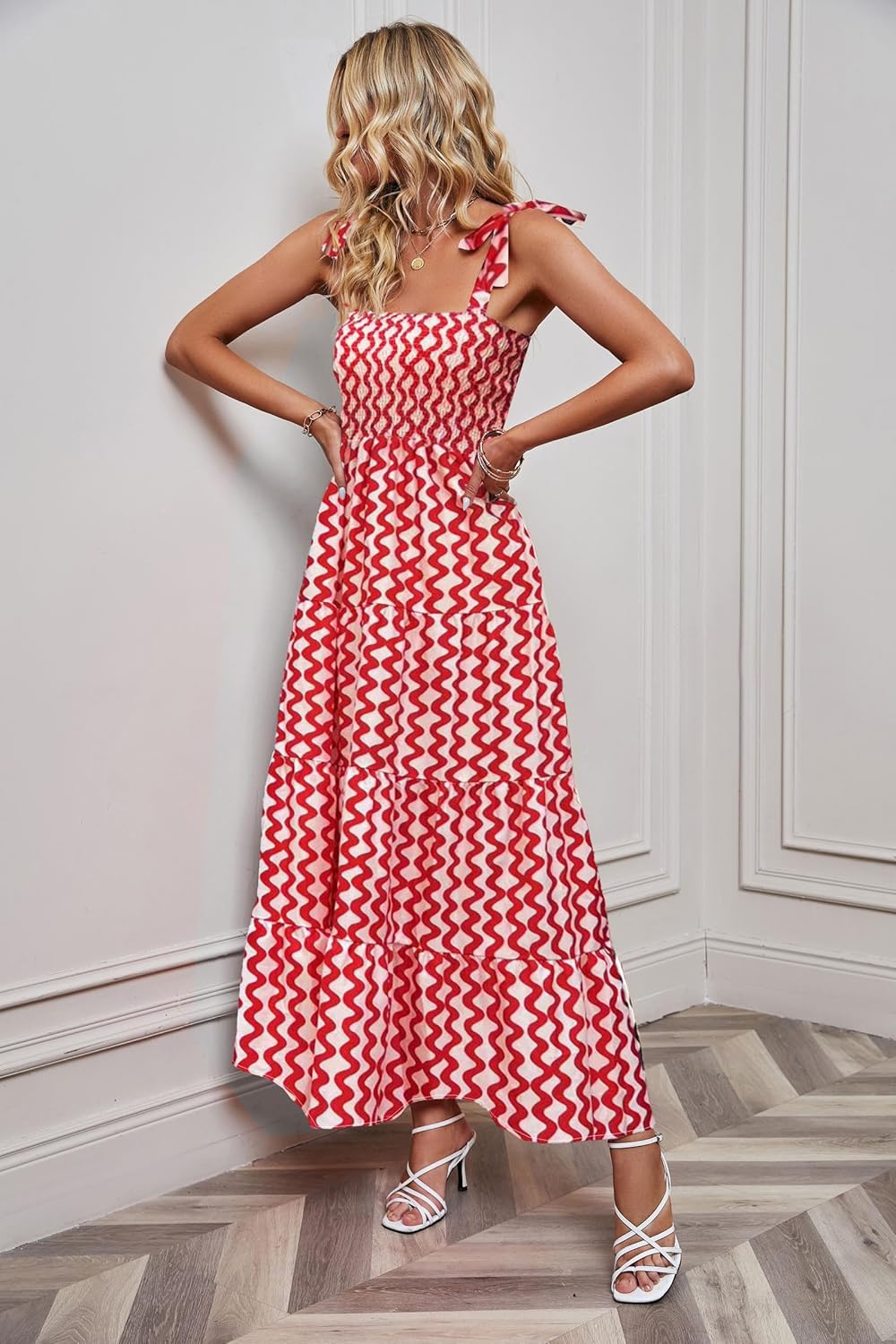 Women's Summer Boho Spaghetti Strap Square Neck Ruffle Casual Flowy Long Dress Beach Swing Party Maxi Dress - W-red