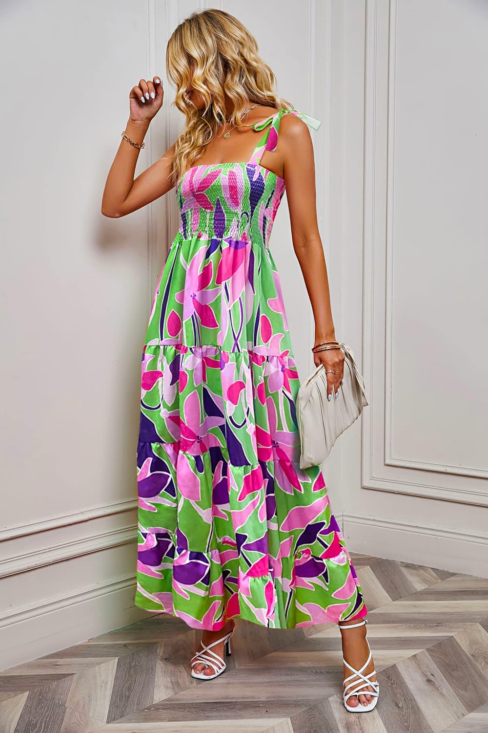 Women's Summer Boho Spaghetti Strap Square Neck Ruffle Casual Flowy Long Dress Beach Swing Party Maxi Dress - Purple Floral