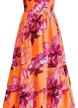 Summer Dresses for Women 2026 Casual Ruffle Smocked Tiered A-Line Boho Floral Maxi Beach Sun Dress with Pockets - Orange