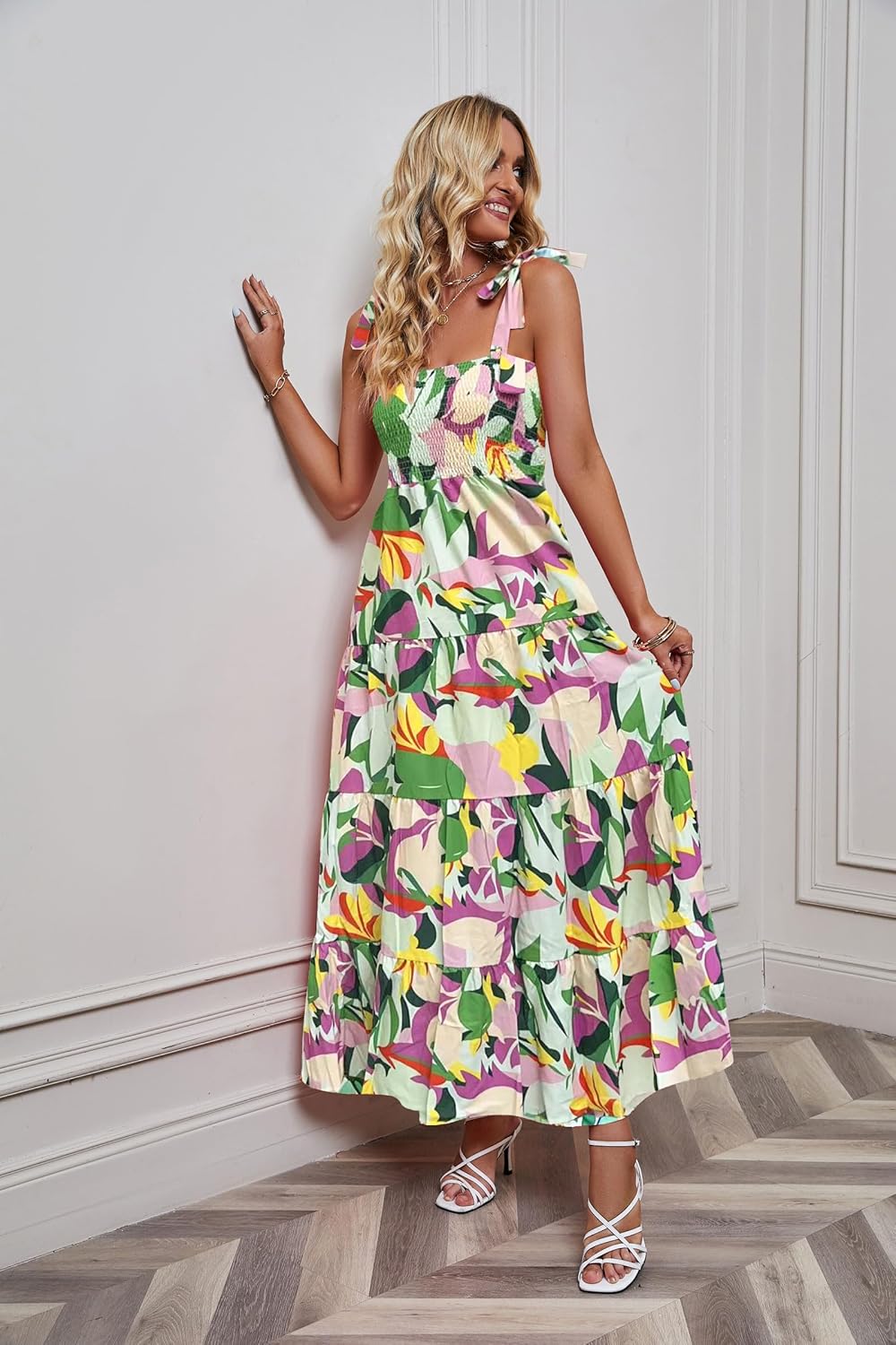 Women's Summer Boho Spaghetti Strap Square Neck Ruffle Casual Flowy Long Dress Beach Swing Party Maxi Dress - A Purple Floral