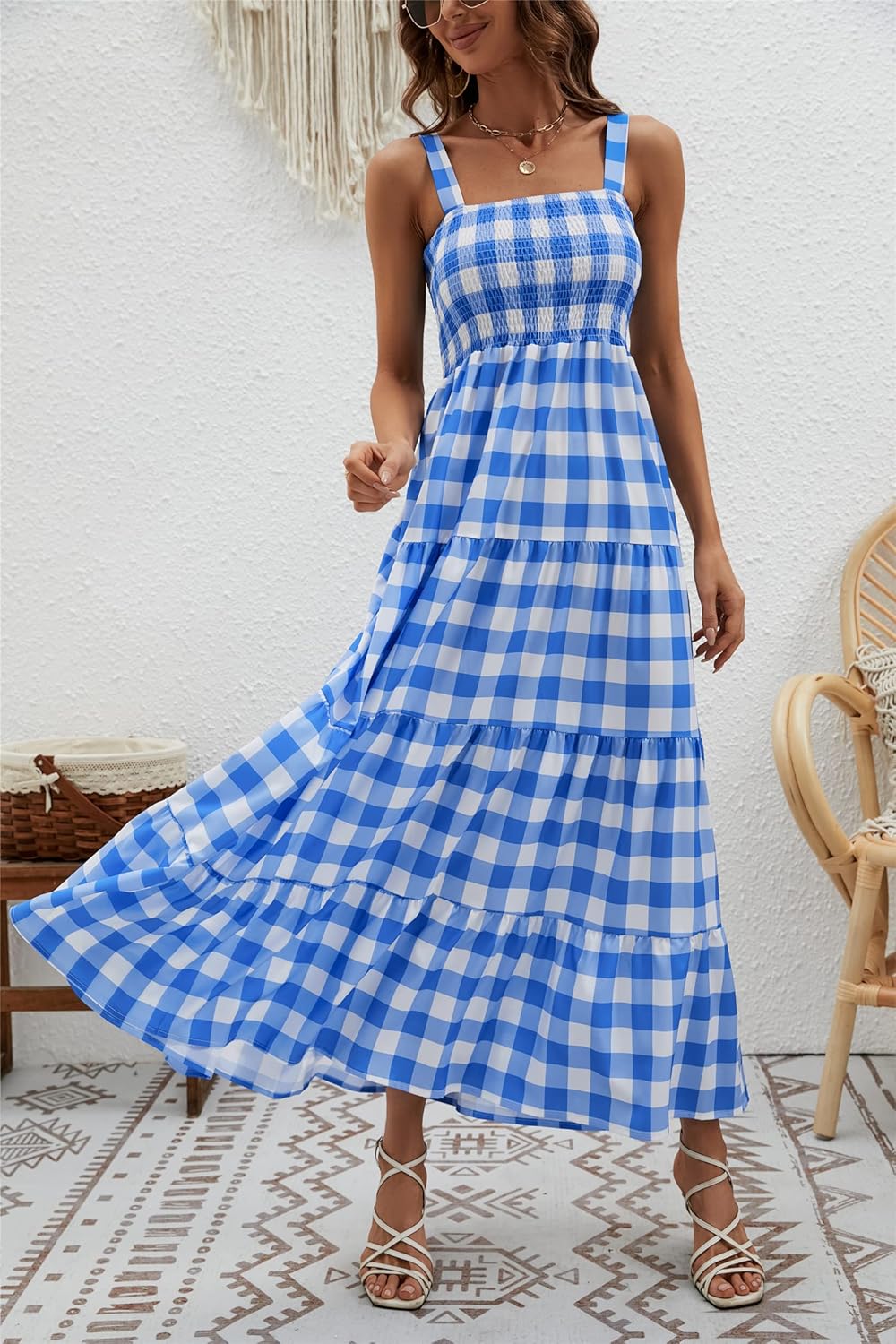Women's Summer Boho Spaghetti Strap Square Neck Ruffle Casual Flowy Long Dress Beach Swing Party Maxi Dress - Blue Plaid