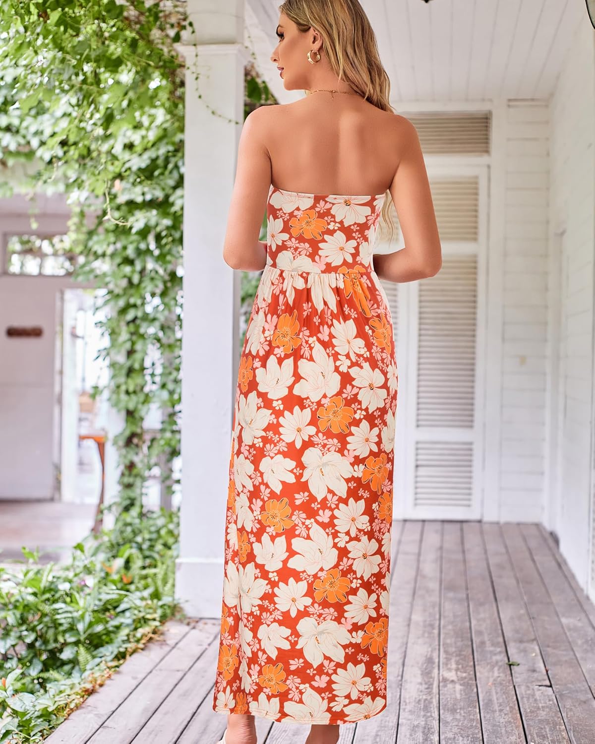 Women Strapless Dress Casual Loose Ruched Long Maxi Dress with Pockets - Apricot Flower