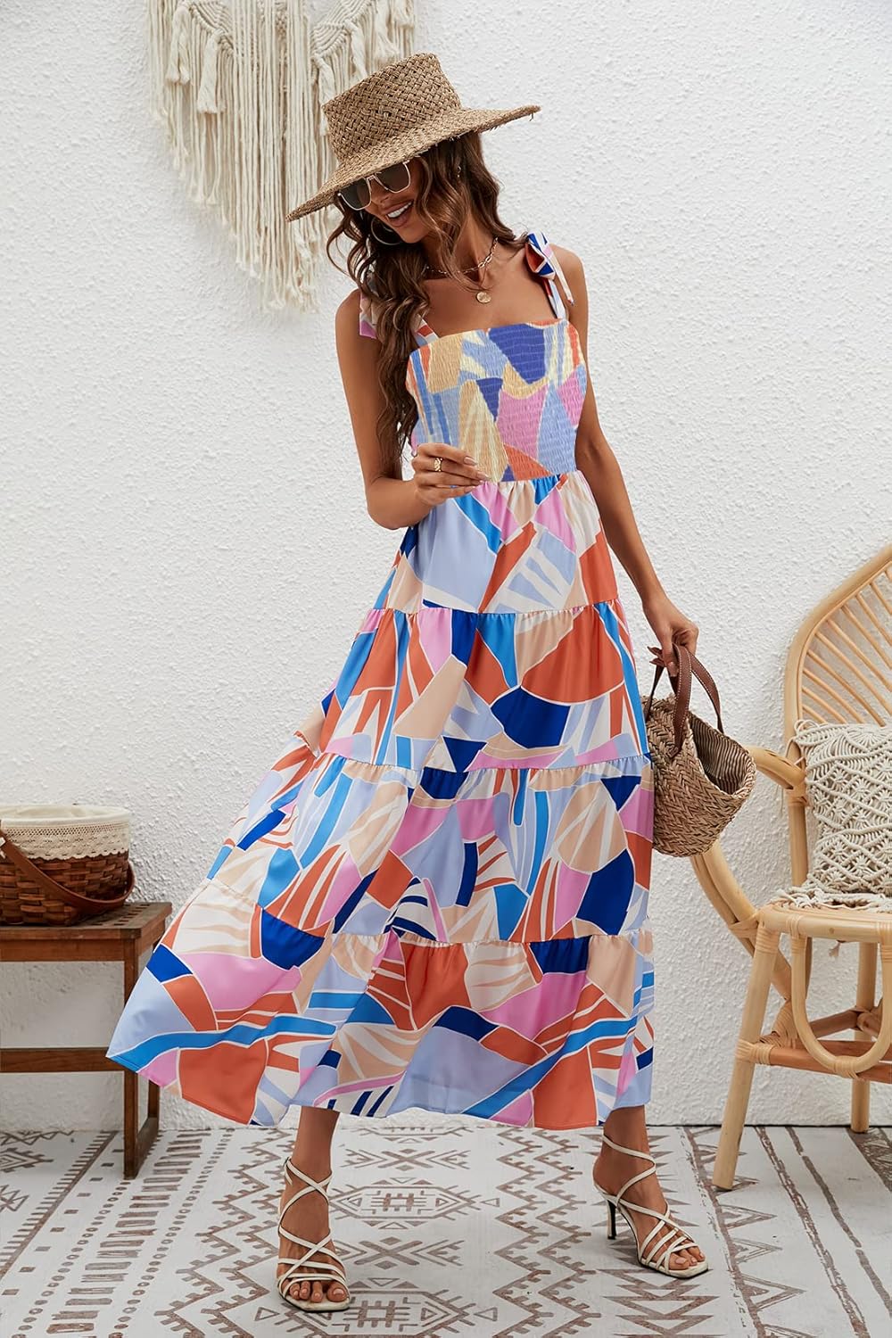 Women's Summer Boho Spaghetti Strap Square Neck Ruffle Casual Flowy Long Dress Beach Swing Party Maxi Dress - Z-blue Floral