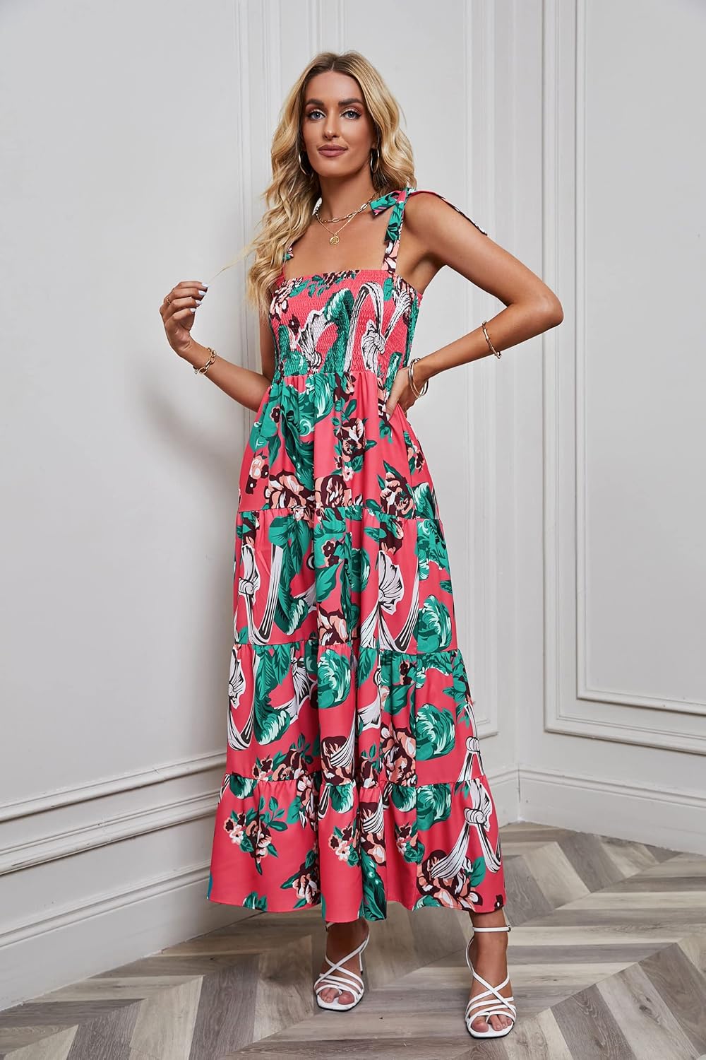 Women's Summer Boho Spaghetti Strap Square Neck Ruffle Casual Flowy Long Dress Beach Swing Party Maxi Dress - Red
