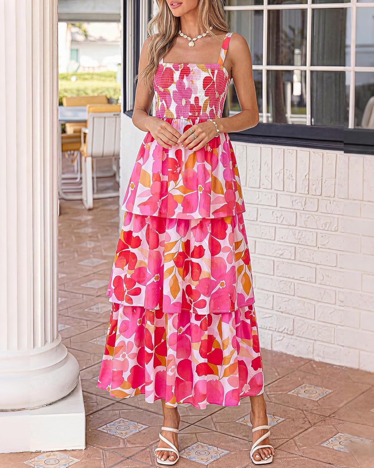 Summer Dresses for Women 2026 Floral Spaghetti Strap Wedding Guest Dress Maxi Beach Vacation Clothes - Floral White Pink
