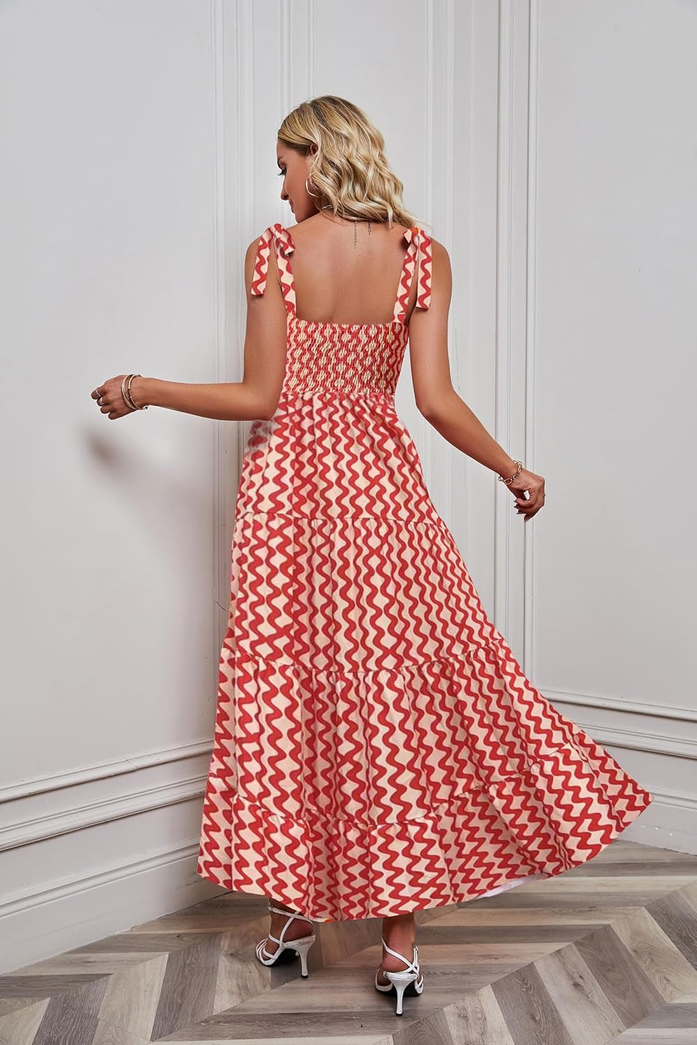 Women's Summer Boho Spaghetti Strap Square Neck Ruffle Casual Flowy Long Dress Beach Swing Party Maxi Dress - W-red
