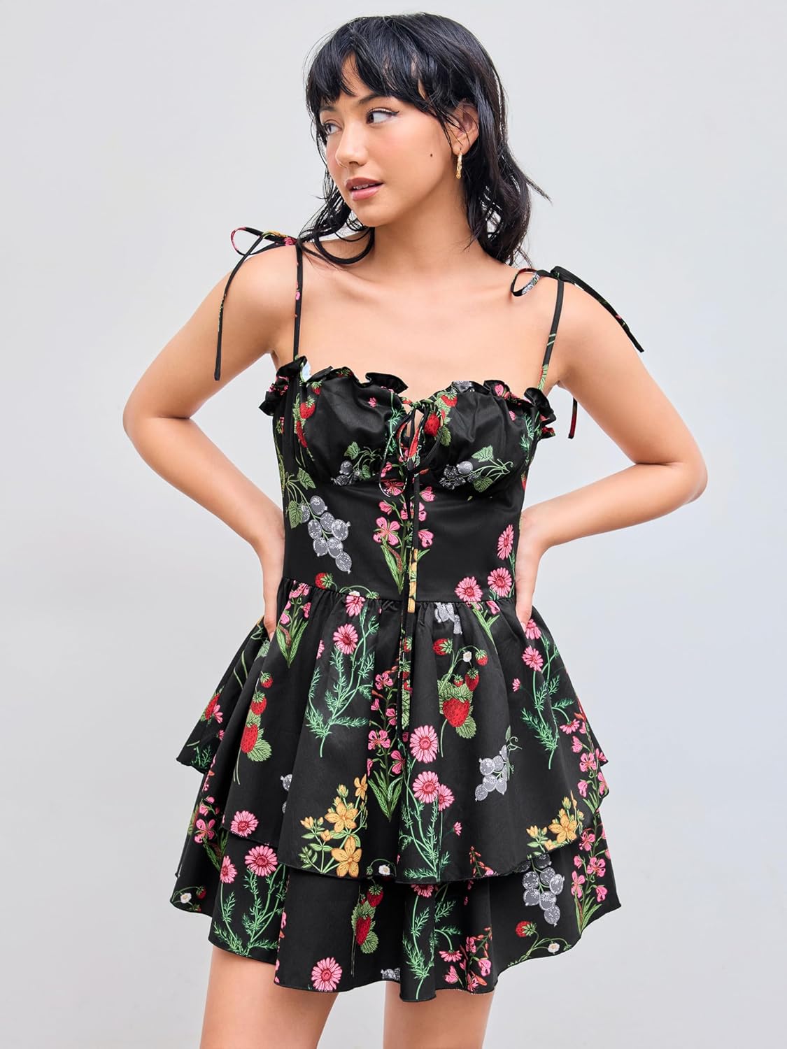 Floral Dress for Women Summer Mini Sundresses Spaghetti Strap Cute Vacation Dresses Boho Casual Outfits - Black Floral
