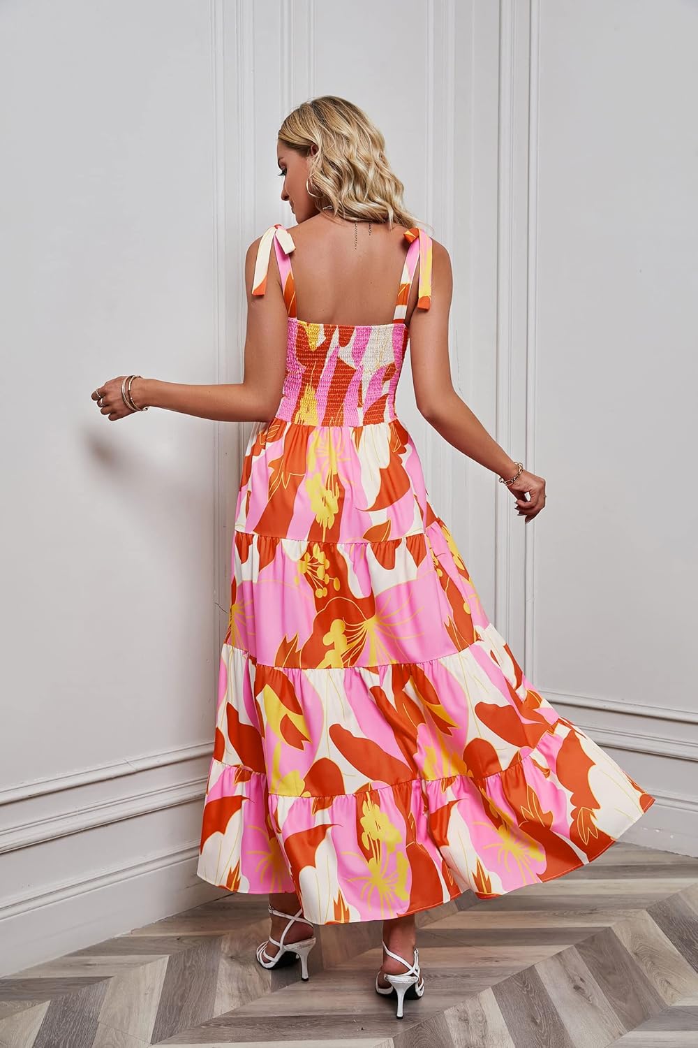 Women's Summer Boho Spaghetti Strap Square Neck Ruffle Casual Flowy Long Dress Beach Swing Party Maxi Dress - Orange