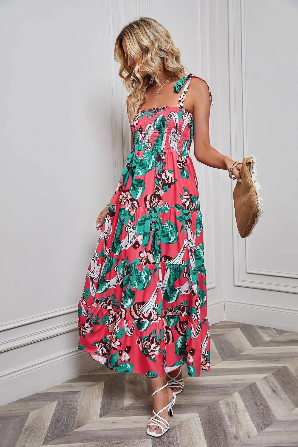 Women's Summer Boho Spaghetti Strap Square Neck Ruffle Casual Flowy Long Dress Beach Swing Party Maxi Dress - Red