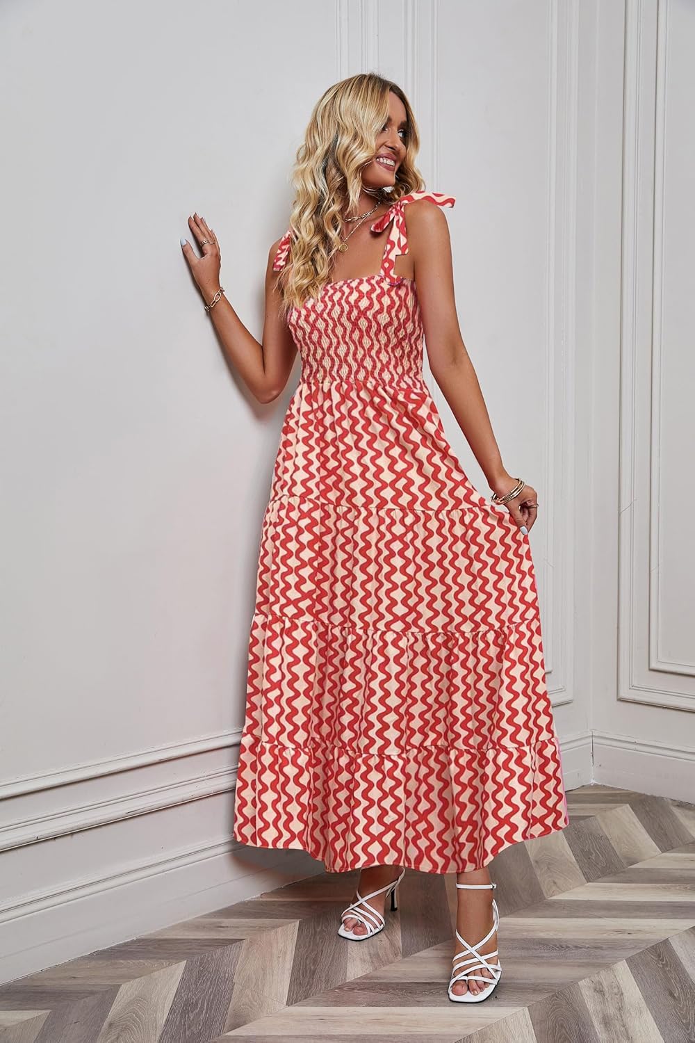Women's Summer Boho Spaghetti Strap Square Neck Ruffle Casual Flowy Long Dress Beach Swing Party Maxi Dress - W-red