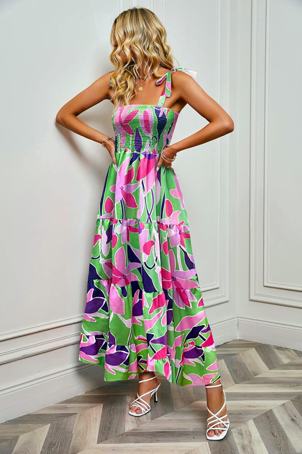Women's Summer Boho Spaghetti Strap Square Neck Ruffle Casual Flowy Long Dress Beach Swing Party Maxi Dress - Purple Floral