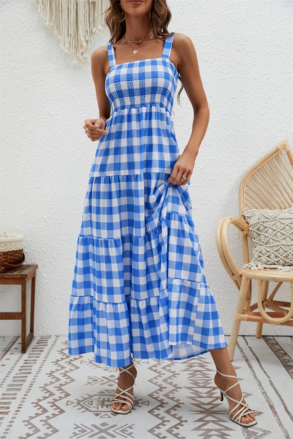 Women's Summer Boho Spaghetti Strap Square Neck Ruffle Casual Flowy Long Dress Beach Swing Party Maxi Dress - Blue Plaid