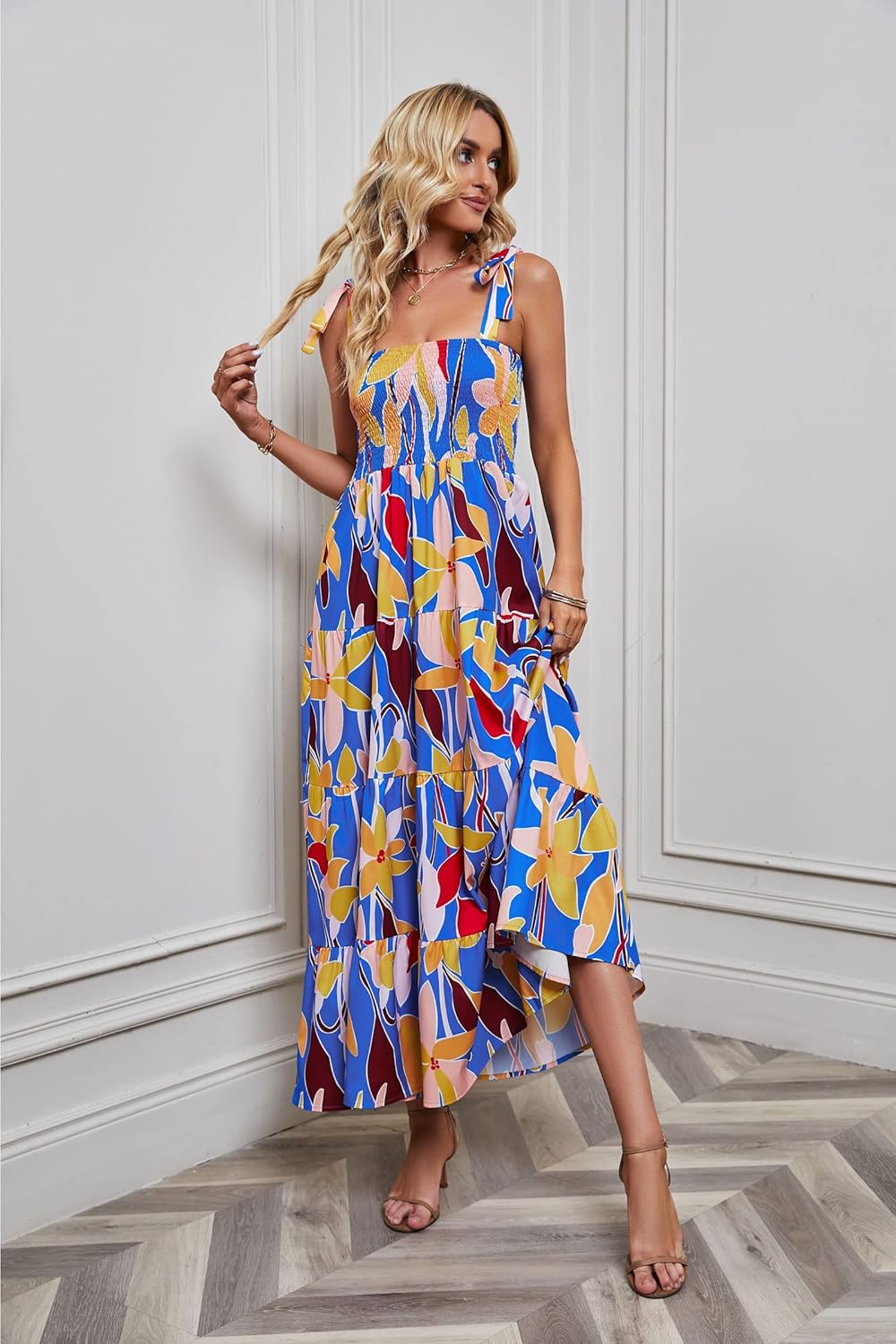 Women's Summer Boho Spaghetti Strap Square Neck Ruffle Casual Flowy Long Dress Beach Swing Party Maxi Dress - Blue