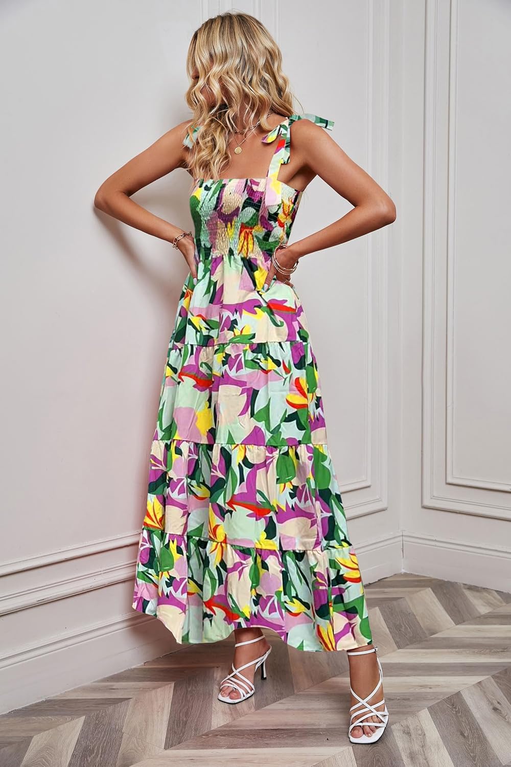 Women's Summer Boho Spaghetti Strap Square Neck Ruffle Casual Flowy Long Dress Beach Swing Party Maxi Dress - A Purple Floral