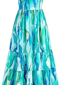 Summer Dresses for Women 2026 Casual Ruffle Smocked Tiered A-Line Boho Floral Maxi Beach Sun Dress with Pockets - Blue