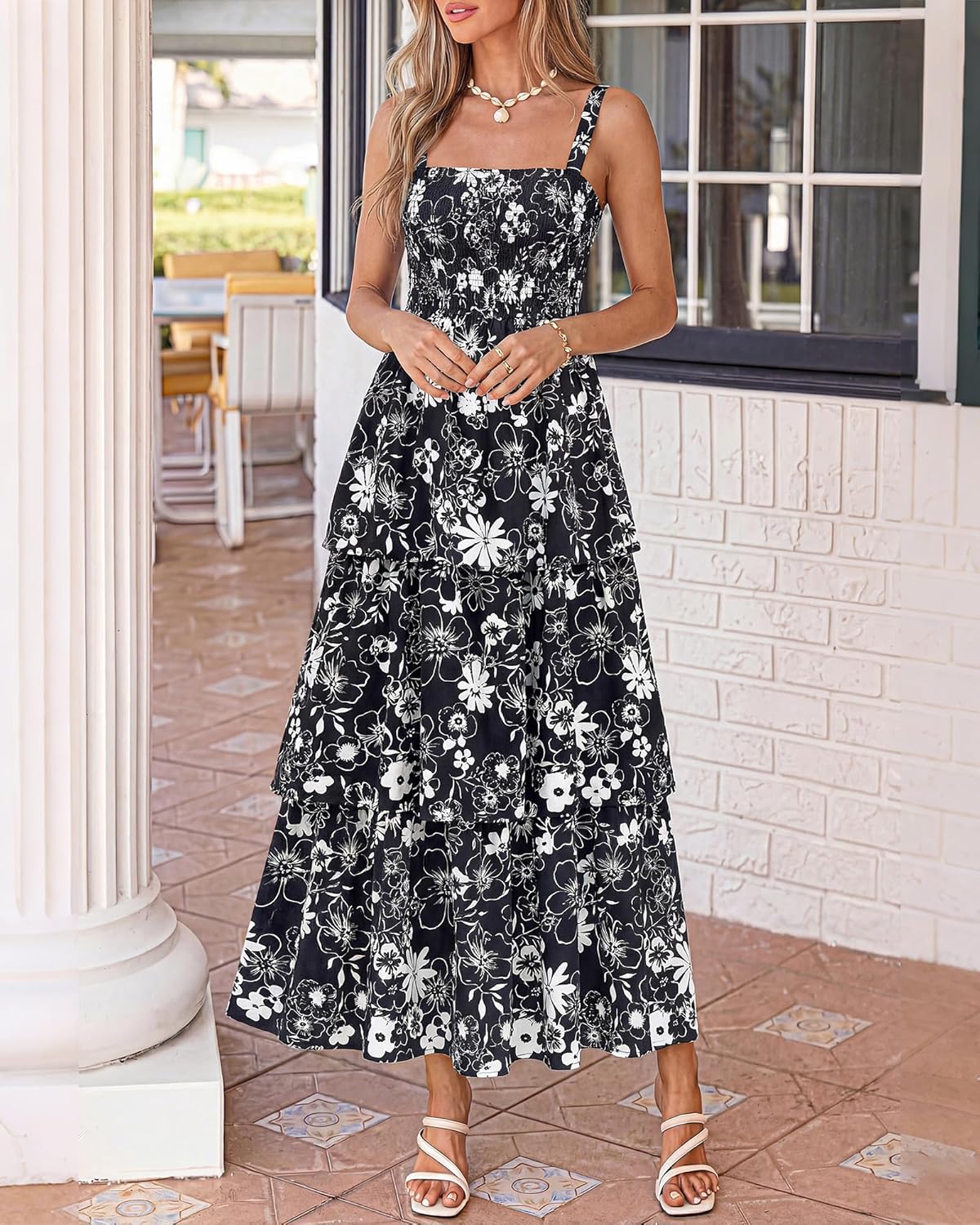 Summer Dresses for Women 2026 Floral Spaghetti Strap Wedding Guest Dress Maxi Beach Vacation Clothes - Floral Black White
