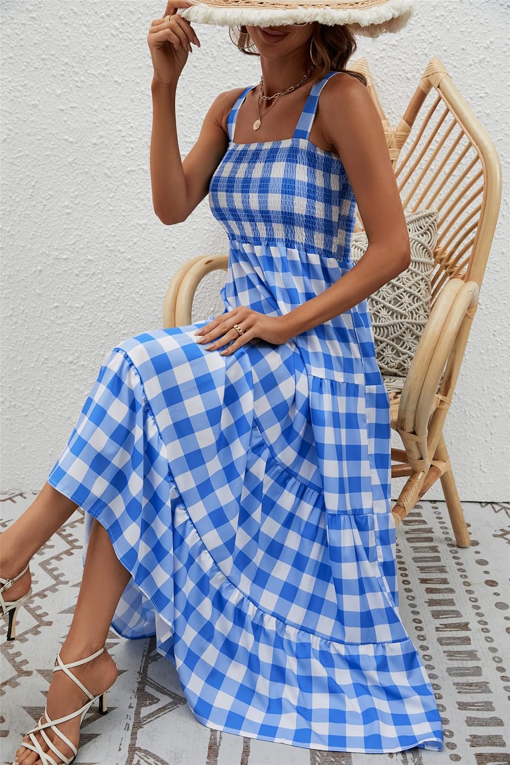 Women's Summer Boho Spaghetti Strap Square Neck Ruffle Casual Flowy Long Dress Beach Swing Party Maxi Dress - Blue Plaid