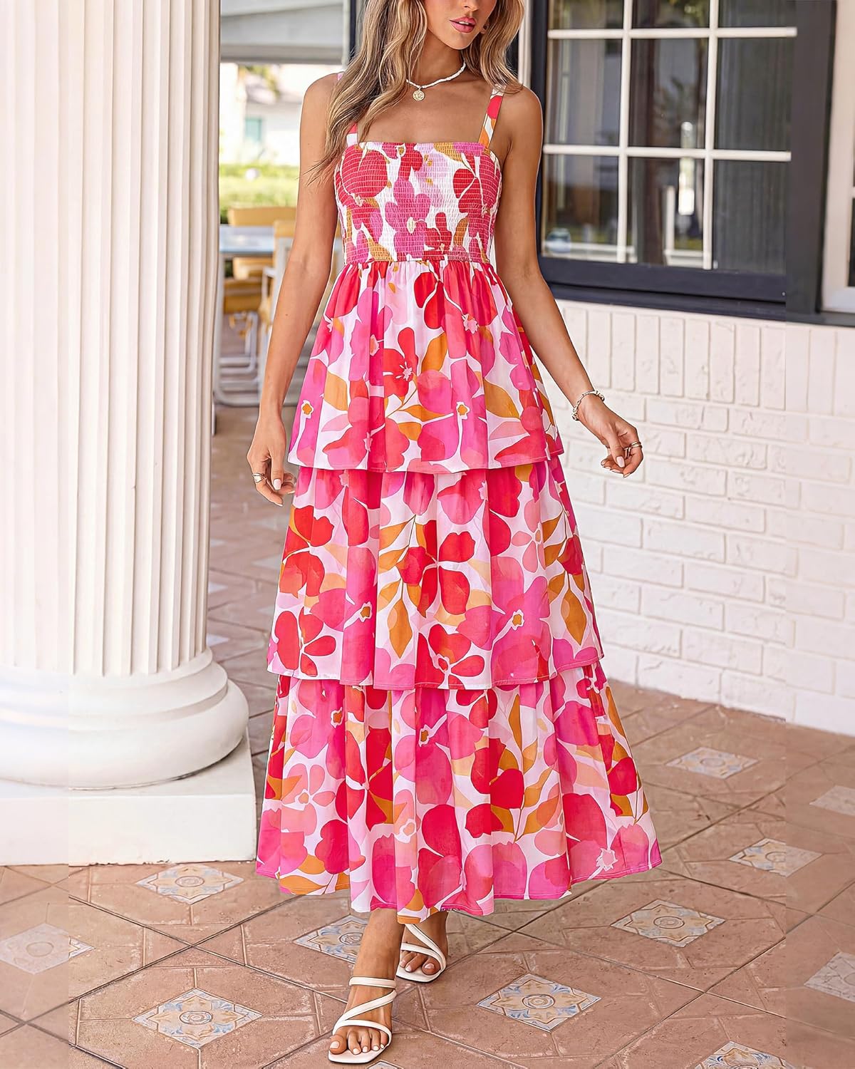 Summer Dresses for Women 2026 Floral Spaghetti Strap Wedding Guest Dress Maxi Beach Vacation Clothes - Floral White Pink