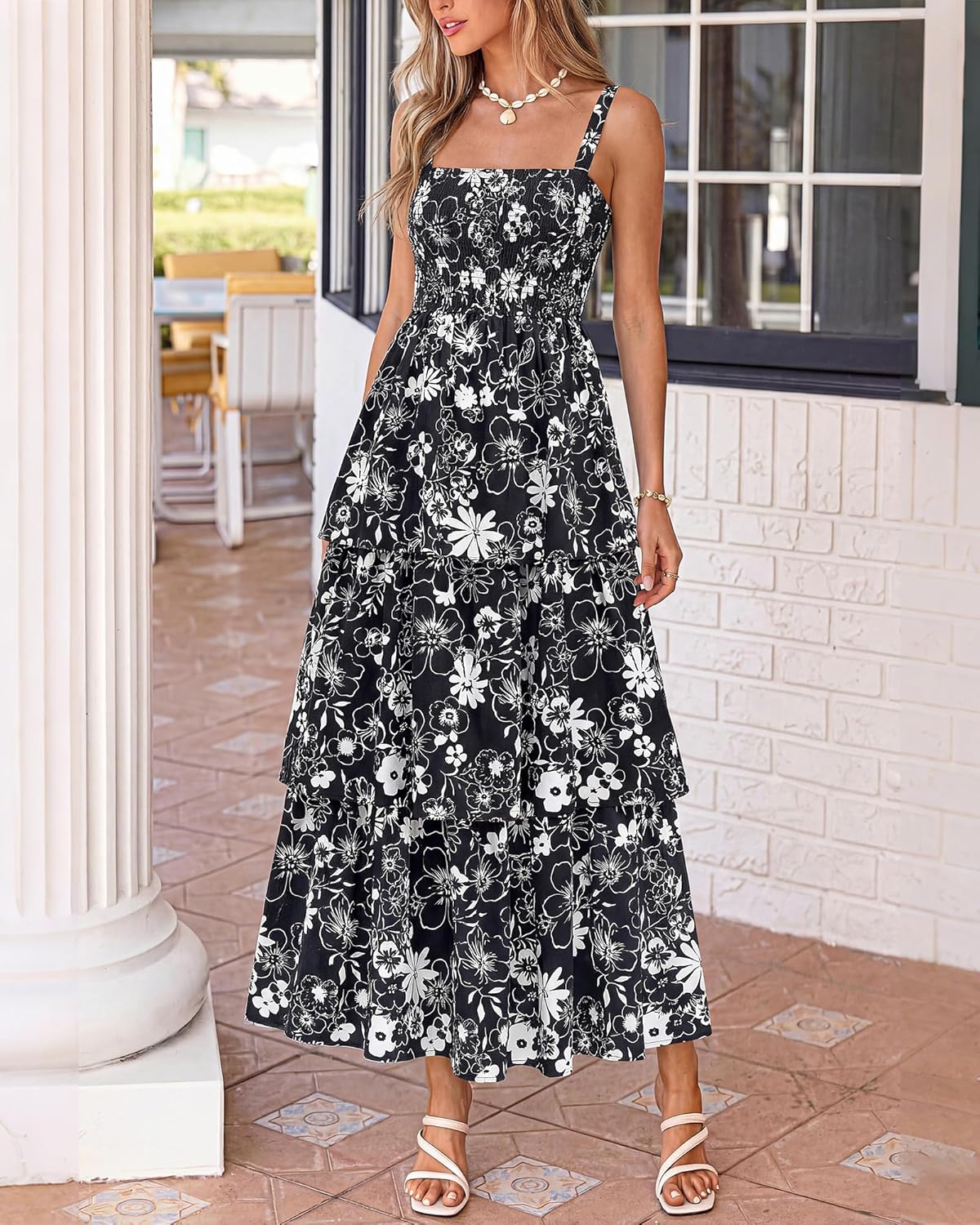 Summer Dresses for Women 2026 Floral Spaghetti Strap Wedding Guest Dress Maxi Beach Vacation Clothes - Floral Black White