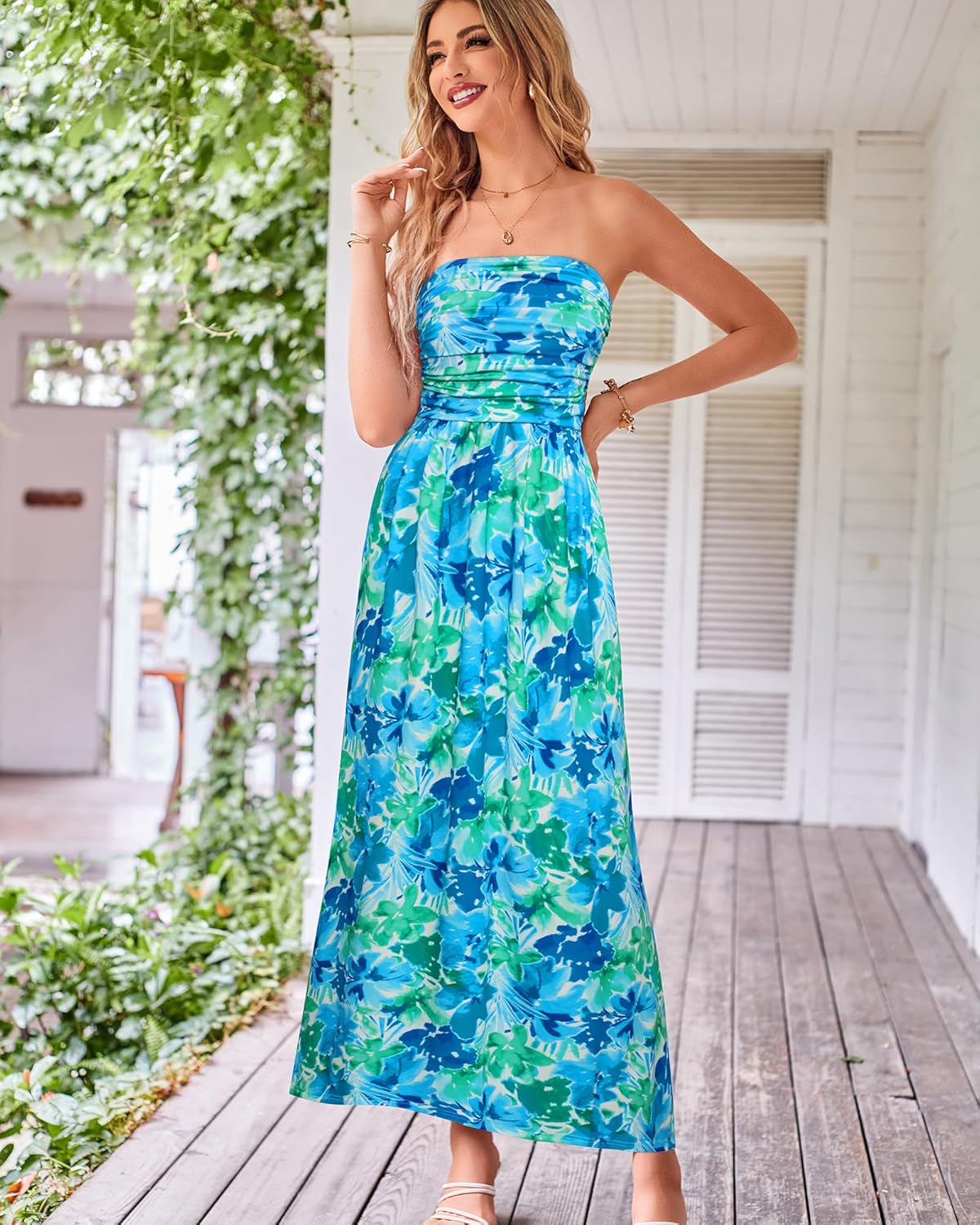 Women Strapless Dress Casual Loose Ruched Long Maxi Dress with Pockets - Blue Green Floral