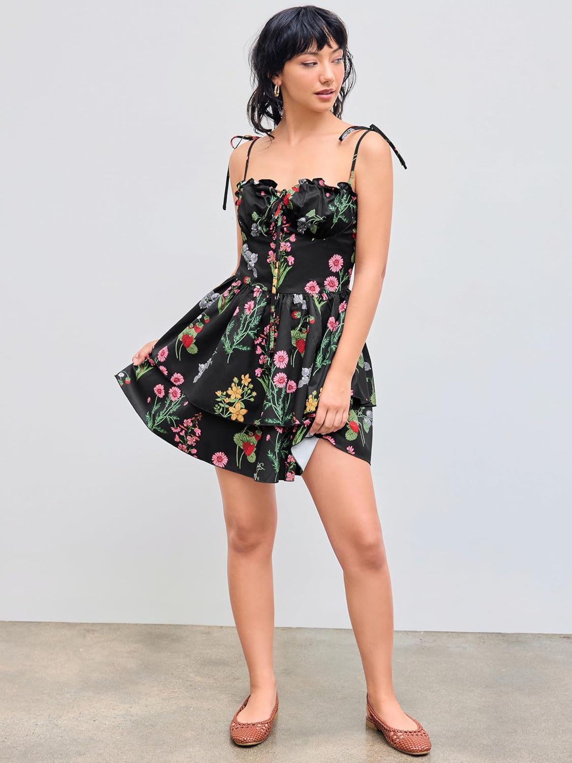 Floral Dress for Women Summer Mini Sundresses Spaghetti Strap Cute Vacation Dresses Boho Casual Outfits - Black Floral
