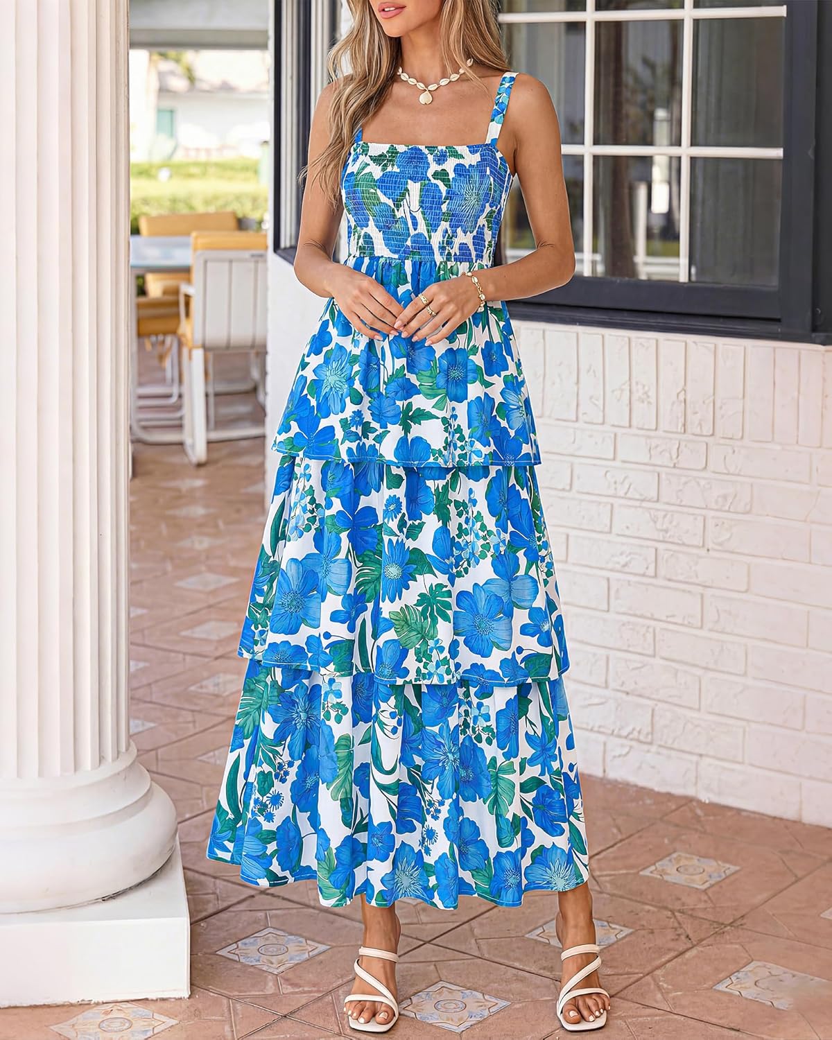 Summer Dresses for Women 2026 Floral Spaghetti Strap Wedding Guest Dress Maxi Beach Vacation Clothes - Floral White Blue