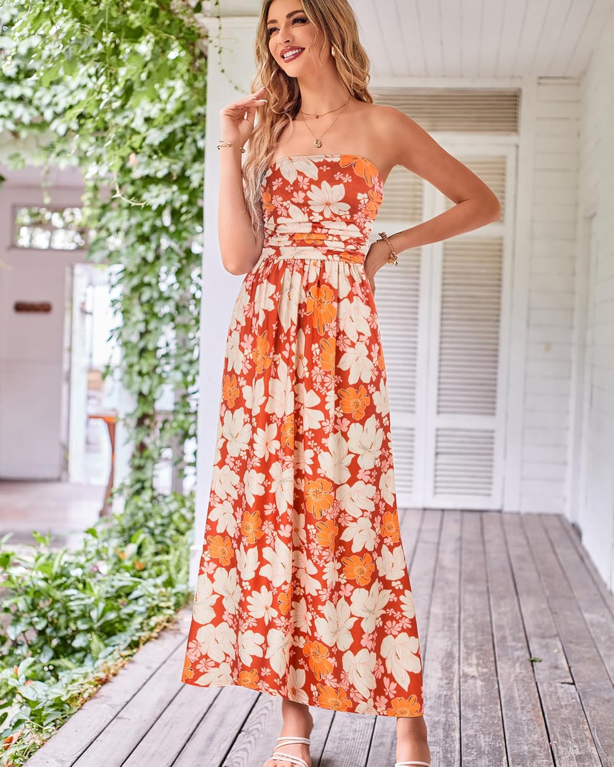 Women Strapless Dress Casual Loose Ruched Long Maxi Dress with Pockets - Apricot Flower