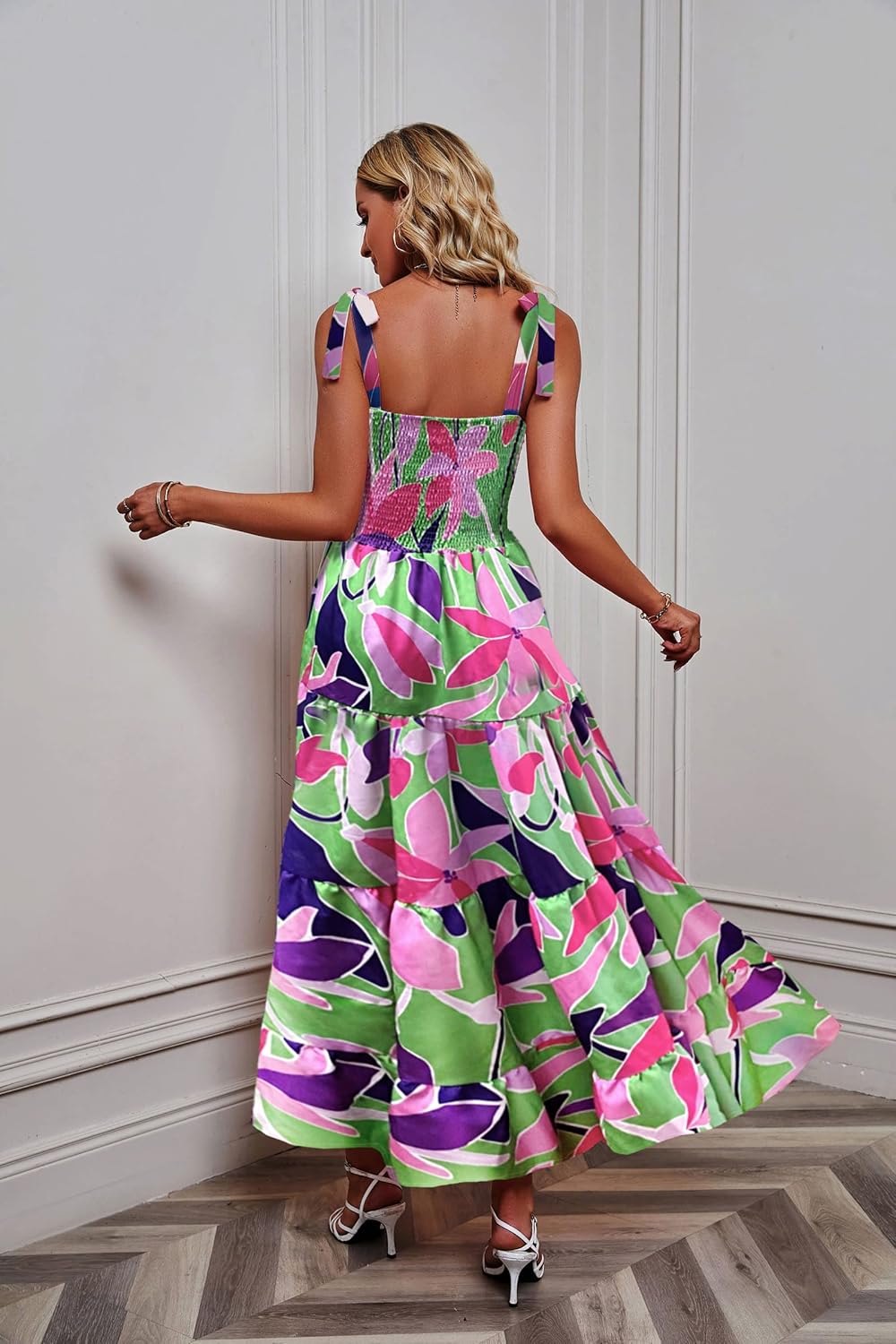 Women's Summer Boho Spaghetti Strap Square Neck Ruffle Casual Flowy Long Dress Beach Swing Party Maxi Dress - Purple Floral
