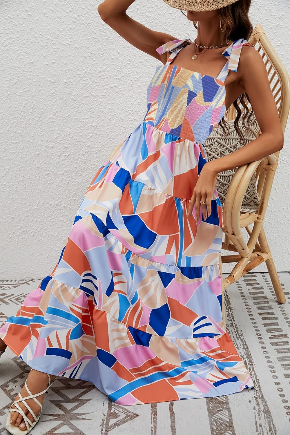 Women's Summer Boho Spaghetti Strap Square Neck Ruffle Casual Flowy Long Dress Beach Swing Party Maxi Dress - Z-blue Floral