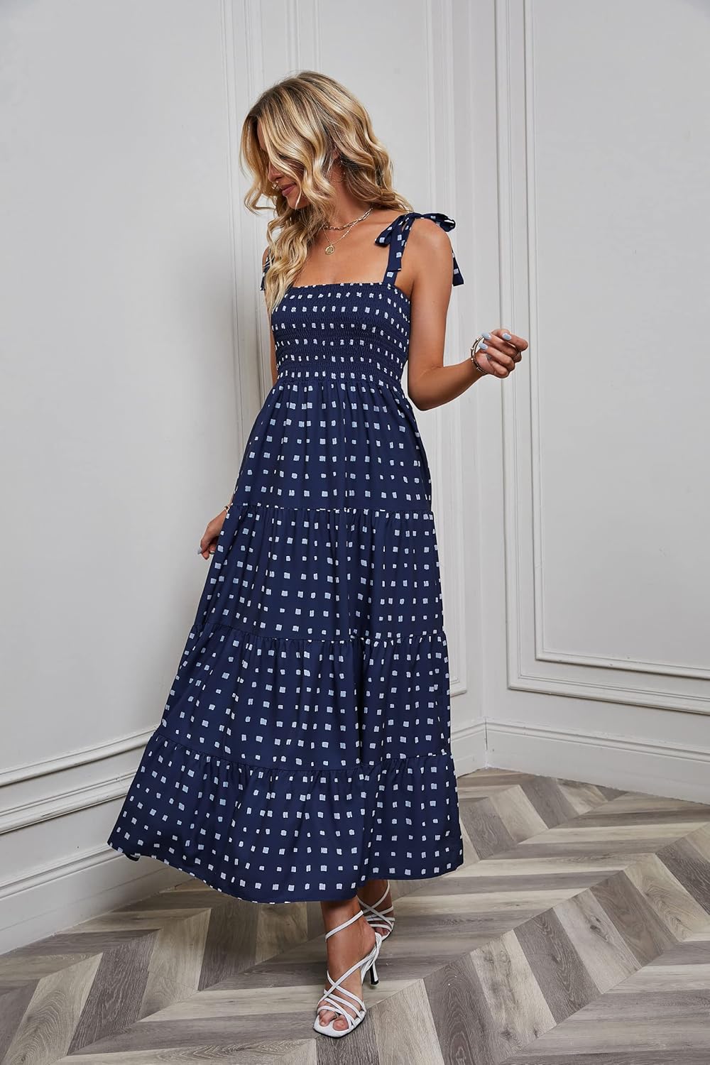 Women's Summer Boho Spaghetti Strap Square Neck Ruffle Casual Flowy Long Dress Beach Swing Party Maxi Dress - Dark Blue
