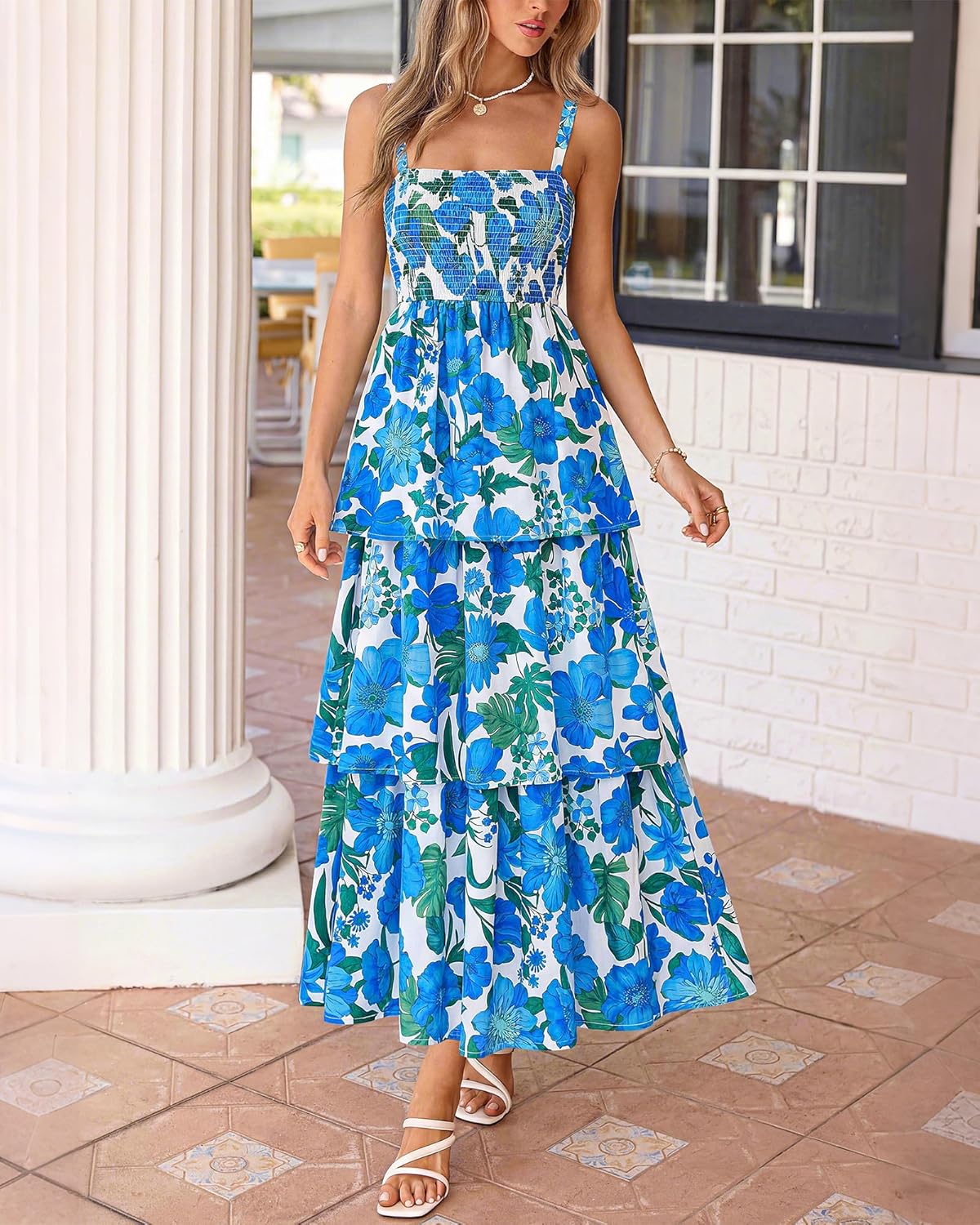 Summer Dresses for Women 2026 Floral Spaghetti Strap Wedding Guest Dress Maxi Beach Vacation Clothes - Floral White Blue