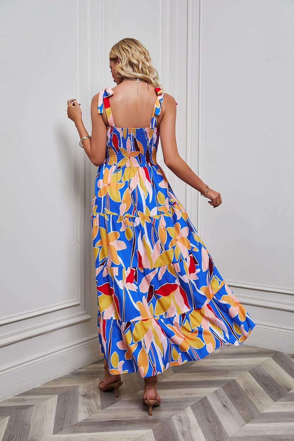 Women's Summer Boho Spaghetti Strap Square Neck Ruffle Casual Flowy Long Dress Beach Swing Party Maxi Dress - Blue