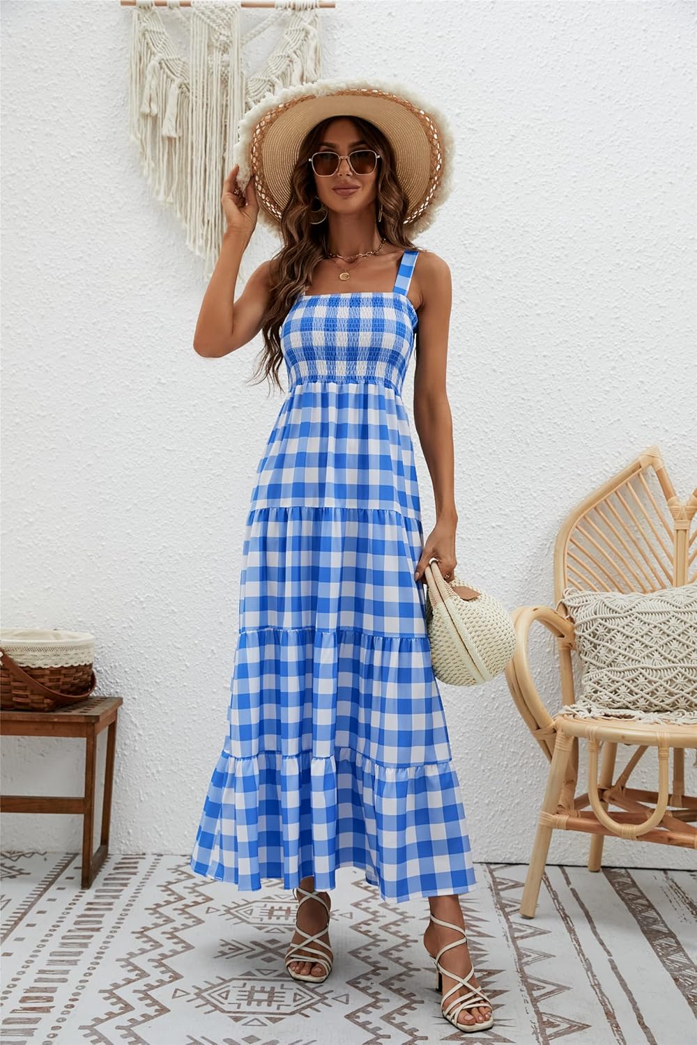 Women's Summer Boho Spaghetti Strap Square Neck Ruffle Casual Flowy Long Dress Beach Swing Party Maxi Dress - Blue Plaid