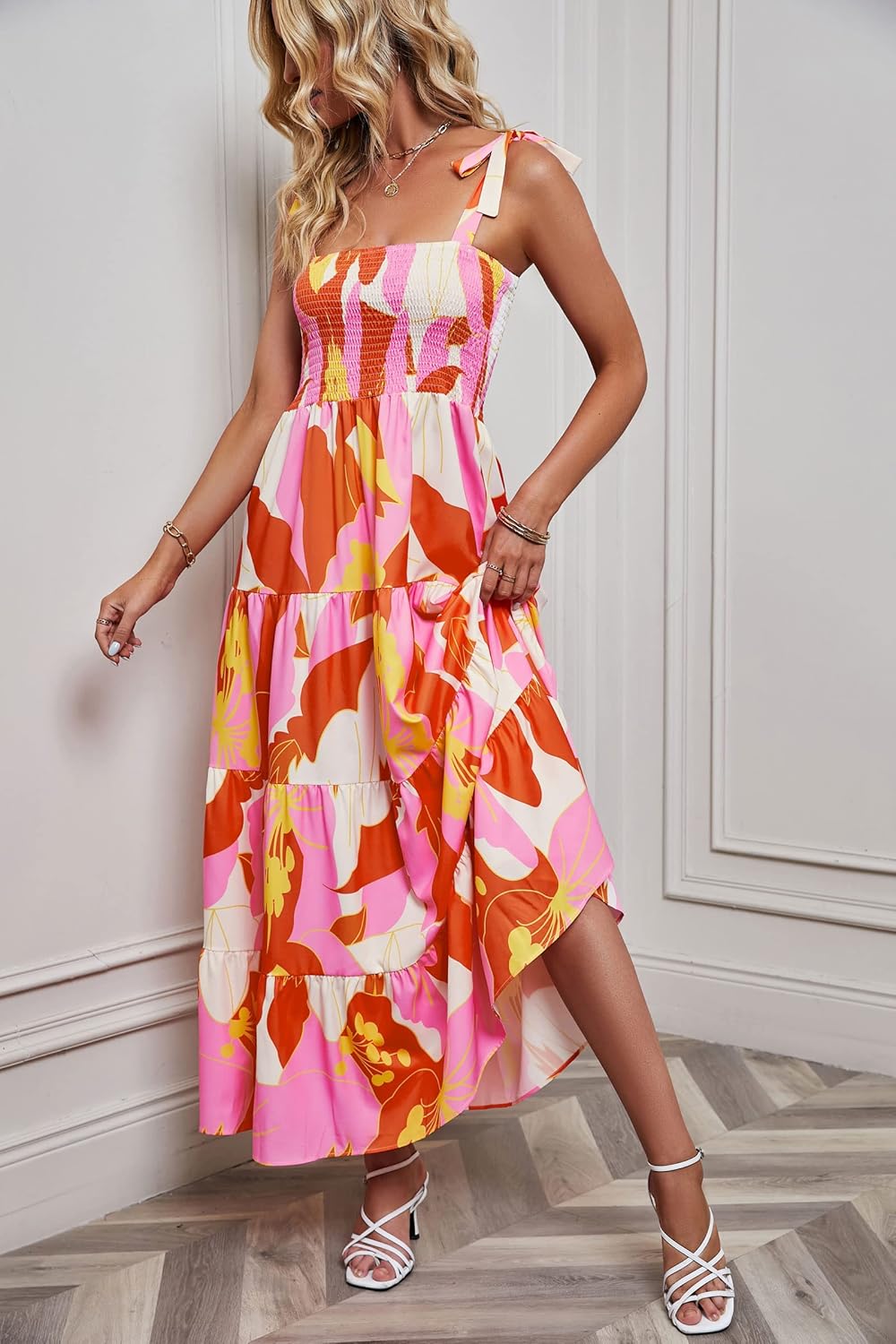 Women's Summer Boho Spaghetti Strap Square Neck Ruffle Casual Flowy Long Dress Beach Swing Party Maxi Dress - Orange