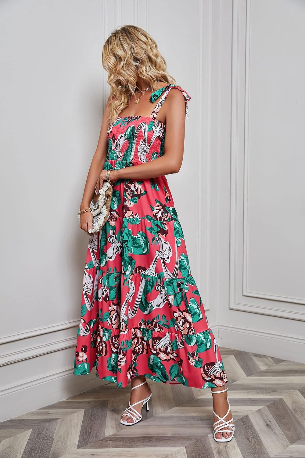 Women's Summer Boho Spaghetti Strap Square Neck Ruffle Casual Flowy Long Dress Beach Swing Party Maxi Dress - Red