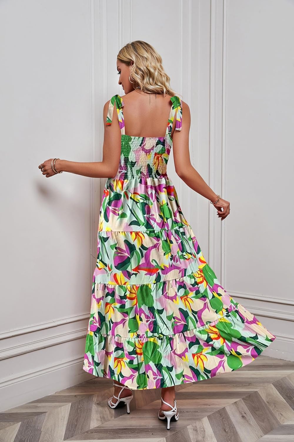 Women's Summer Boho Spaghetti Strap Square Neck Ruffle Casual Flowy Long Dress Beach Swing Party Maxi Dress - A Purple Floral