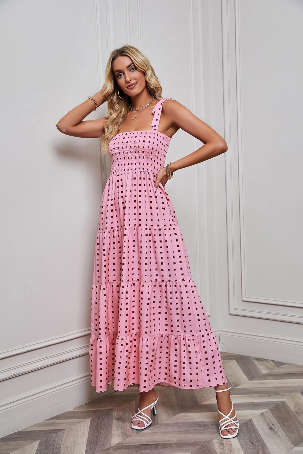 Women's Summer Boho Spaghetti Strap Square Neck Ruffle Casual Flowy Long Dress Beach Swing Party Maxi Dress - Pink