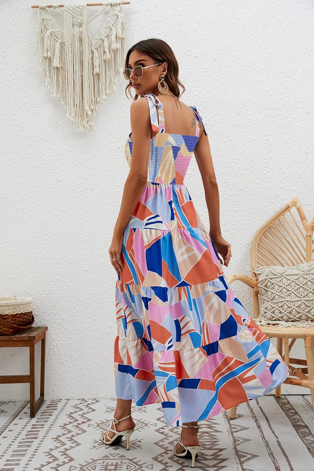 Women's Summer Boho Spaghetti Strap Square Neck Ruffle Casual Flowy Long Dress Beach Swing Party Maxi Dress - Z-blue Floral