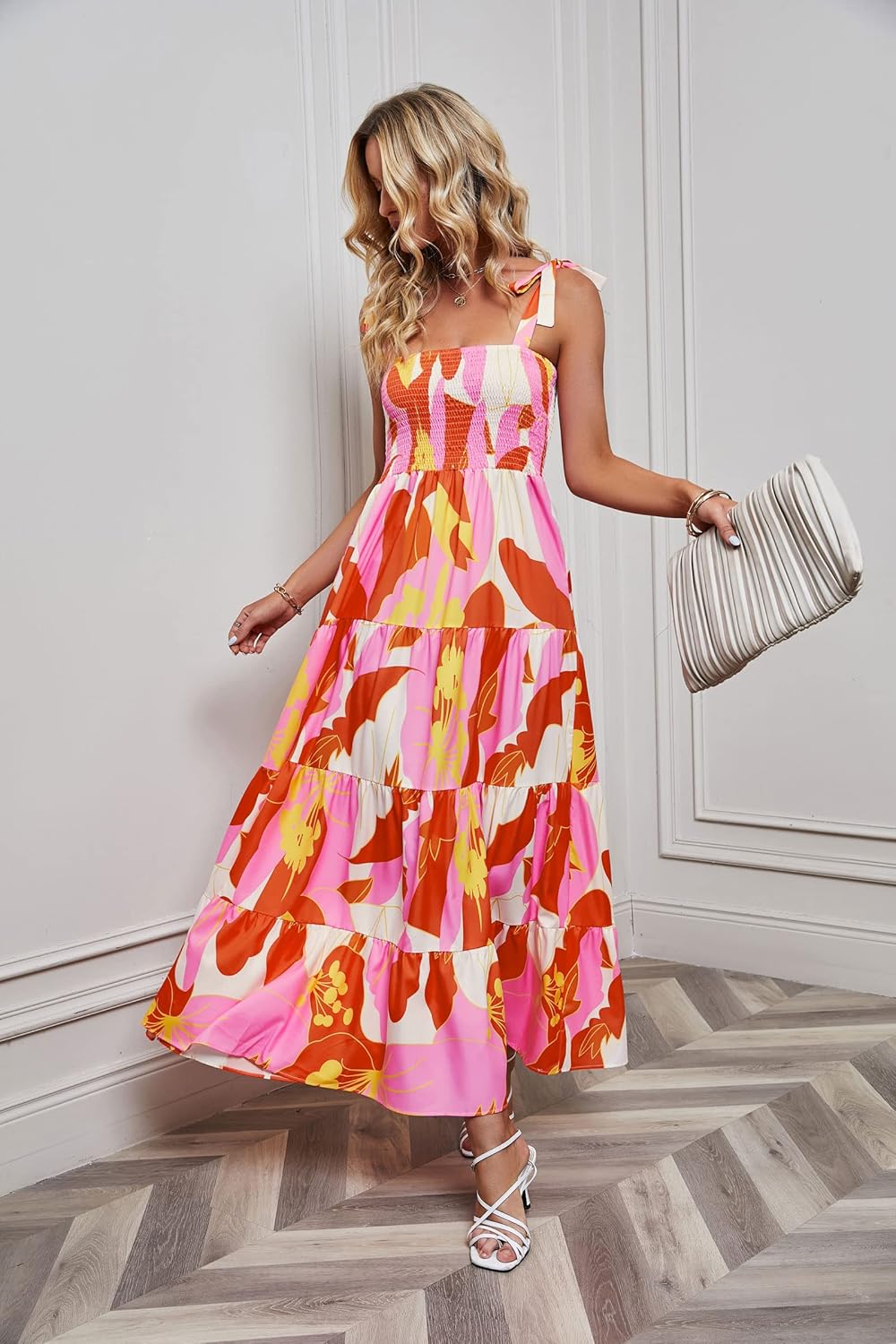 Women's Summer Boho Spaghetti Strap Square Neck Ruffle Casual Flowy Long Dress Beach Swing Party Maxi Dress - Orange