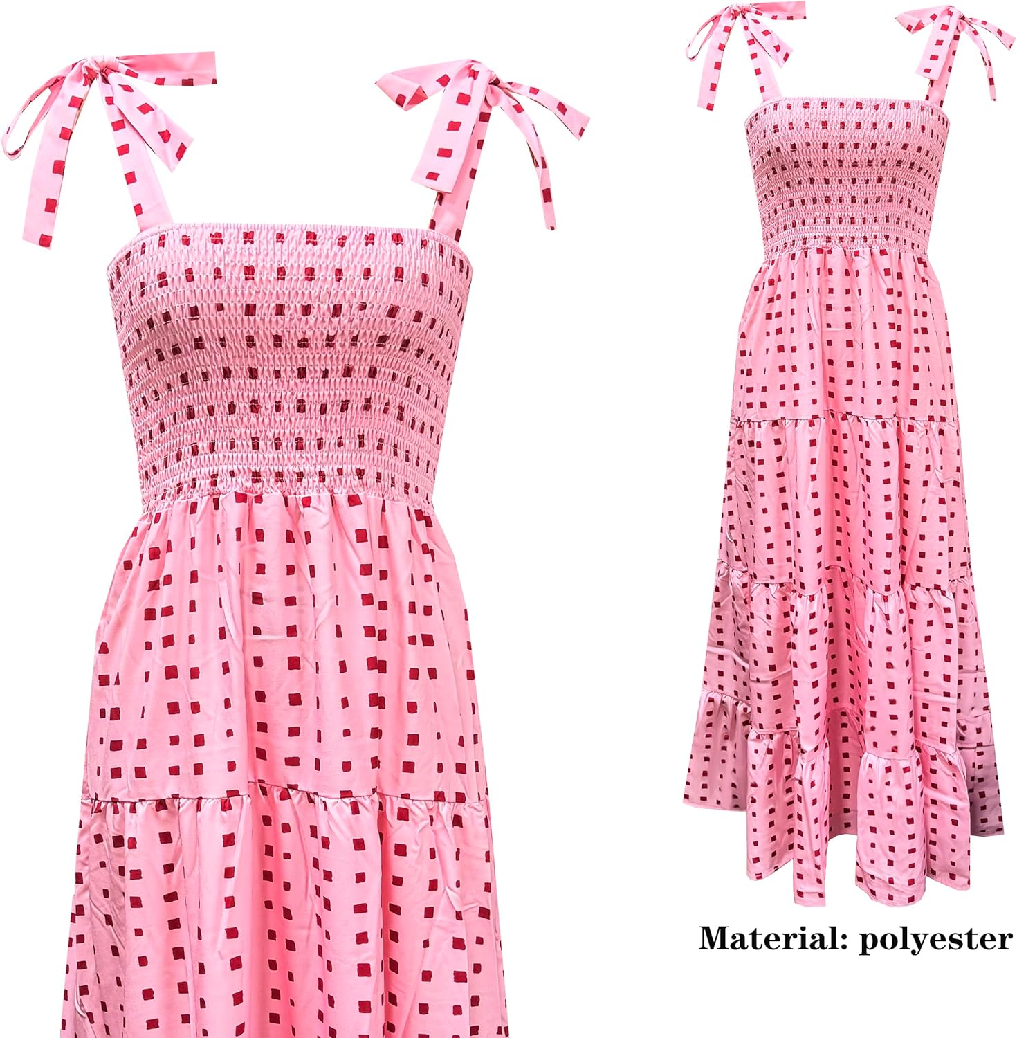 Women's Summer Boho Spaghetti Strap Square Neck Ruffle Casual Flowy Long Dress Beach Swing Party Maxi Dress - Pink
