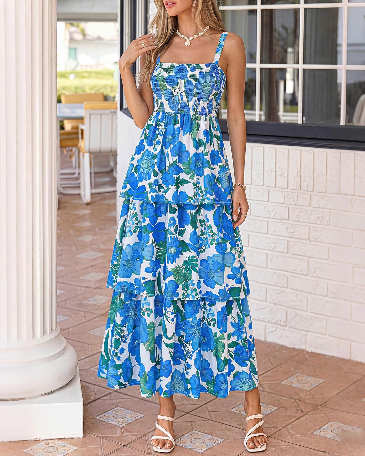 Summer Dresses for Women 2026 Floral Spaghetti Strap Wedding Guest Dress Maxi Beach Vacation Clothes - Floral White Blue