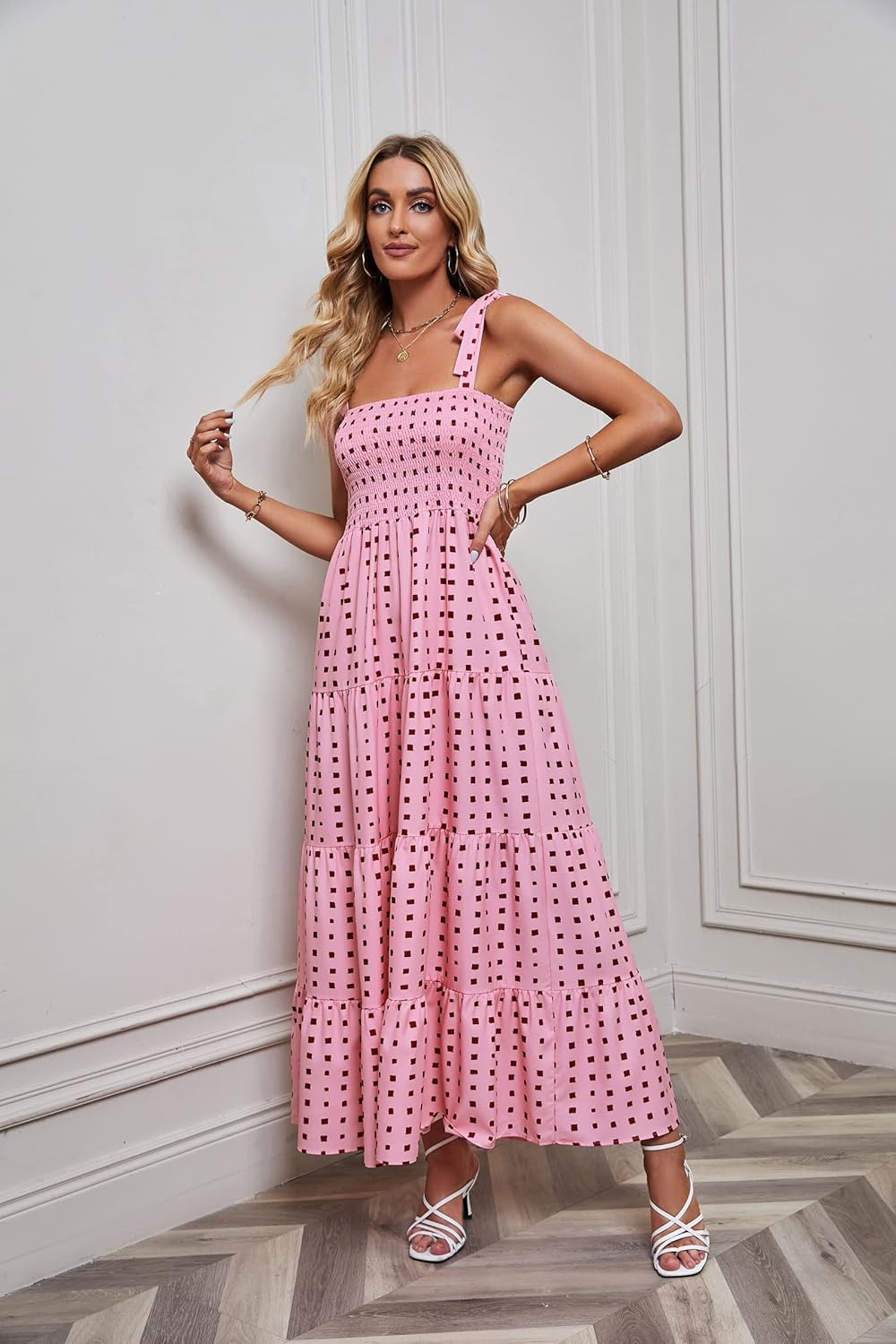 Women's Summer Boho Spaghetti Strap Square Neck Ruffle Casual Flowy Long Dress Beach Swing Party Maxi Dress - Pink