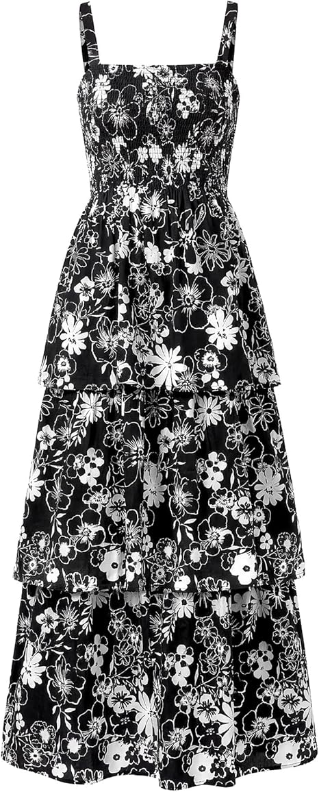Summer Dresses for Women 2026 Floral Spaghetti Strap Wedding Guest Dress Maxi Beach Vacation Clothes - Floral Black White