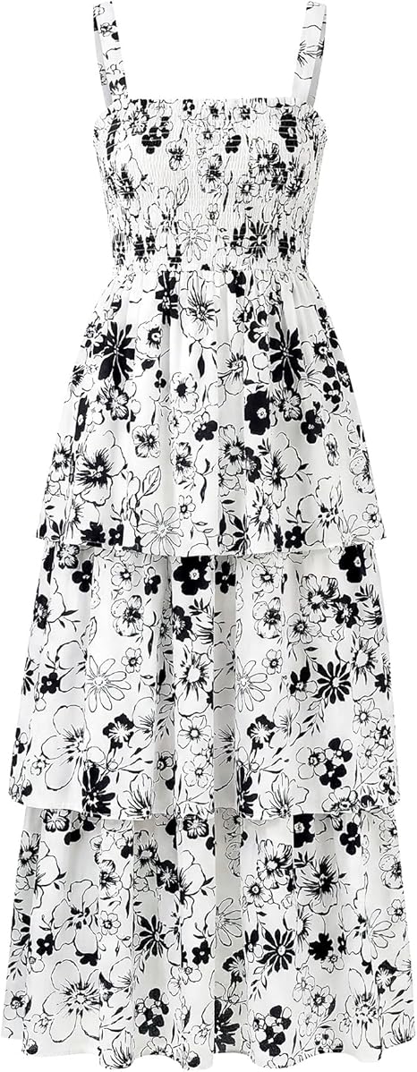 Summer Dresses for Women 2026 Floral Spaghetti Strap Wedding Guest Dress Maxi Beach Vacation Clothes - Floral White Black