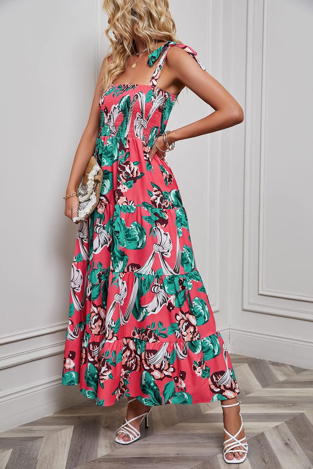 Women's Summer Boho Spaghetti Strap Square Neck Ruffle Casual Flowy Long Dress Beach Swing Party Maxi Dress - Red