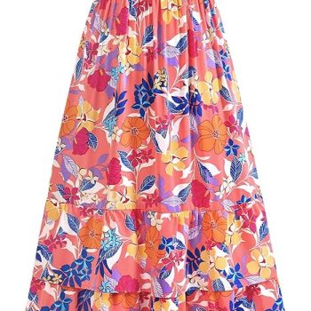 Summer Dresses for Women 2026 Casual Ruffle Smocked Tiered A-Line Boho Floral Maxi Beach Sun Dress with Pockets - Pink Orange Flower