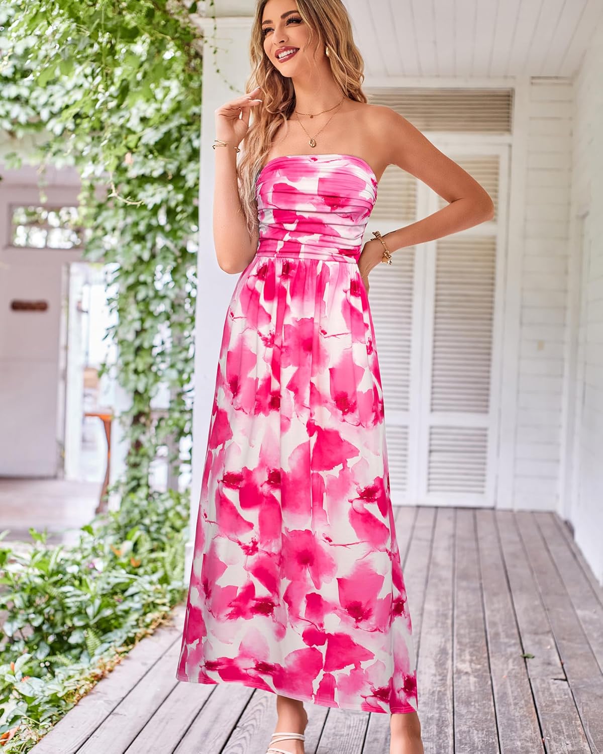 Women Strapless Dress Casual Loose Ruched Long Maxi Dress with Pockets - Pink Flower